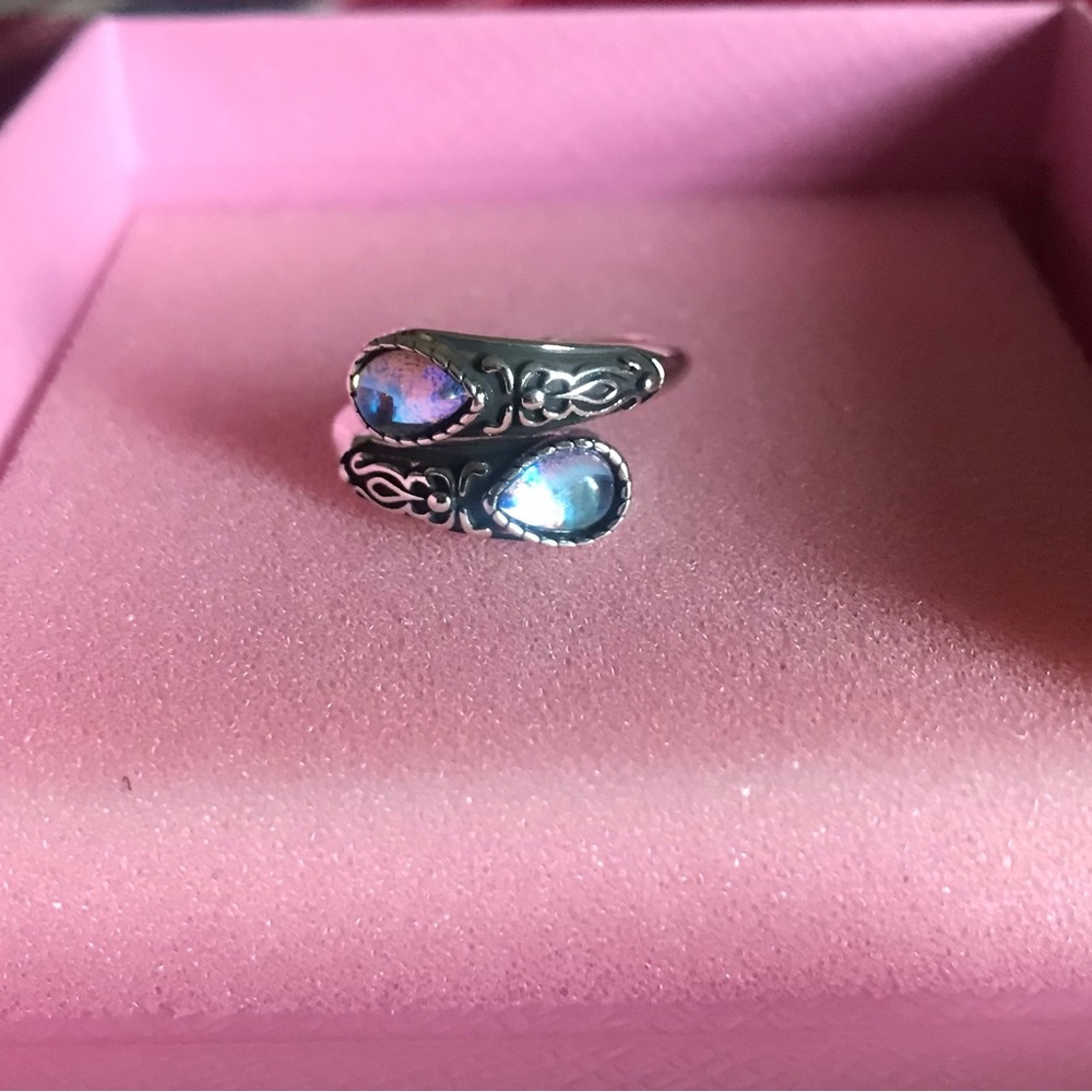 Sterling Silver Double Teardrop Moonstone Effect Adjustable Ring